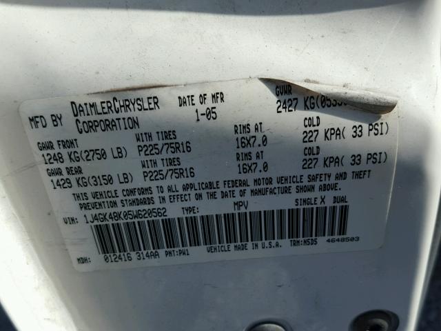 1J4GK48K05W620562 - 2005 JEEP LIBERTY SP WHITE photo 10