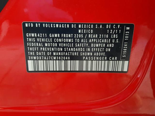 3VWDX7AJ7CM362046 - 2012 VOLKSWAGEN JETTA SE 红色 照片 10