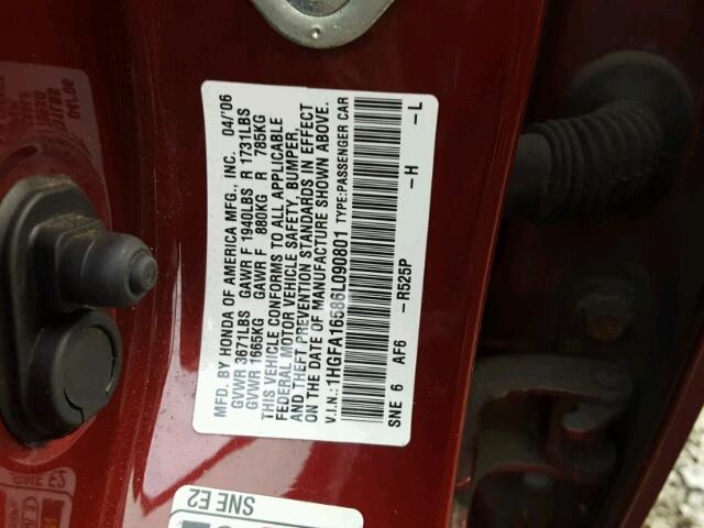 1HGFA16586L090801 - 2006 HONDA CIVIC LX RED photo 10