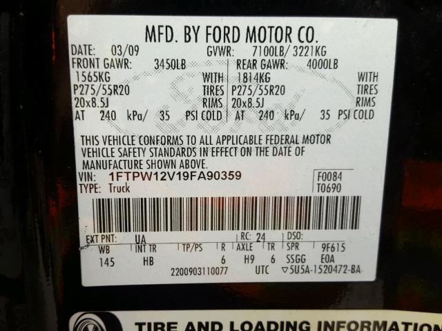 1FTPW12V19FA90359 - 2009 FORD F150 SUPER BLACK photo 10