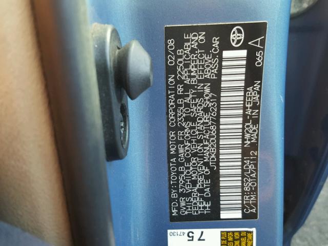 JTDKB20U687762317 - 2008 TOYOTA PRIUS 蓝色 照片 10