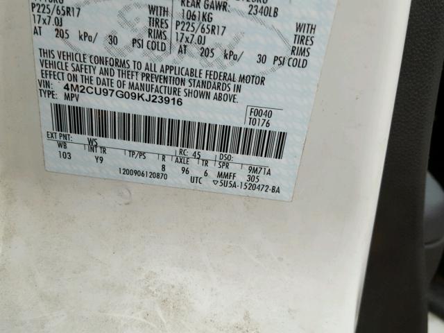 4M2CU97G09KJ23916 - 2009 MERCURY MARINER PR WHITE photo 10