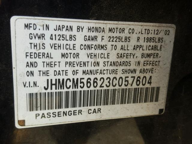 JHMCM56623C057604 - 2003 HONDA ACCORD EX BLACK photo 10