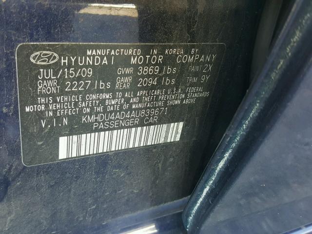 KMHDU4AD4AU839671 - 2010 HYUNDAI ELANTRA BL BLUE photo 10