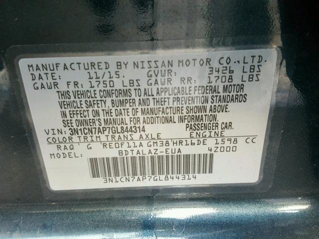 3N1CN7AP7GL844314 - 2016 NISSAN VERSA S GRAY photo 10