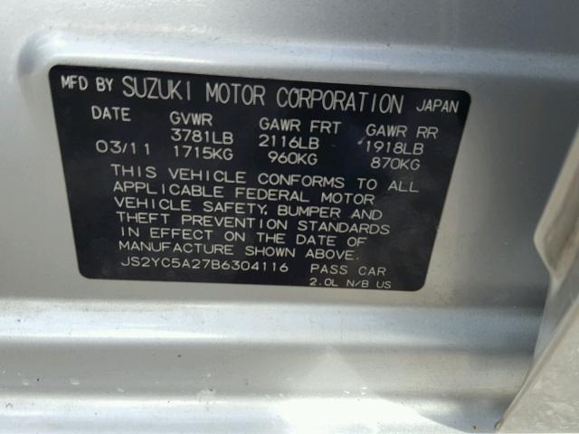 JS2YC5A27B6304116 - 2011 SUZUKI SX4 LE SILVER photo 10