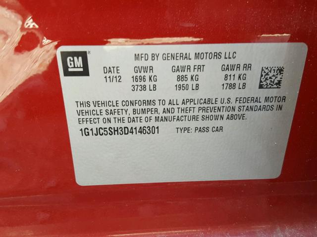 1G1JC5SH3D4146301 - 2013 CHEVROLET SONIC LT RED photo 10