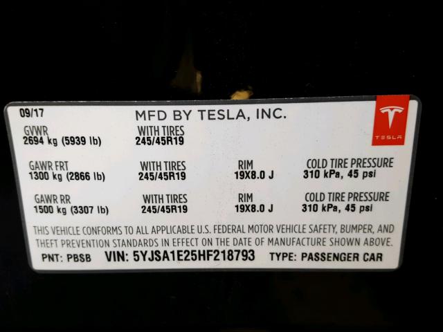 5YJSA1E25HF218793 - 2017 TESLA MODEL S Qara foto 10