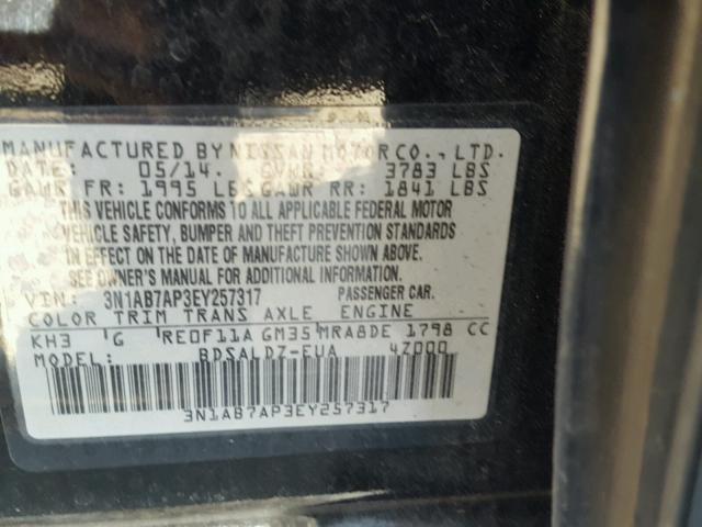 3N1AB7AP3EY257317 - 2014 NISSAN SENTRA S BLACK photo 10