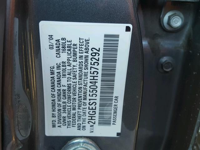 2HGES15504H575292 - 2004 HONDA CIVIC LX GRAY photo 10