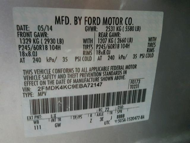 2FMDK4KC9EBA72147 - 2014 FORD EDGE LIMIT SILVER photo 10