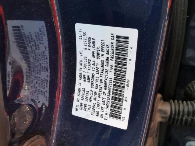 1HGCR3F86HA028264 - 2017 HONDA ACCORD EXL BLUE photo 10