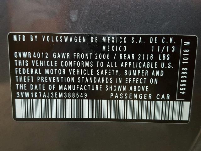 3VW1K7AJ3EM388549 - 2014 VOLKSWAGEN JETTA BASE ნაცრისფერი ფოტო 10