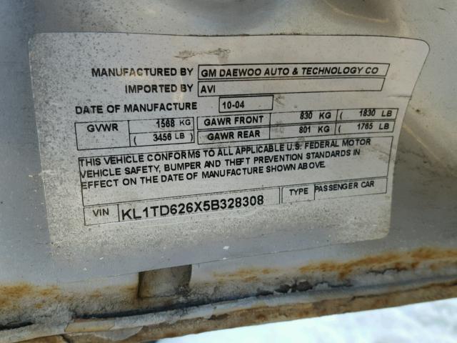 KL1TD626X5B328308 - 2005 CHEVROLET AVEO BASE SILVER photo 10