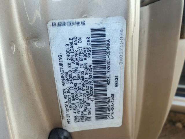 4T1BG22K1YU934294 - 2000 TOYOTA CAMRY CE GOLD photo 10