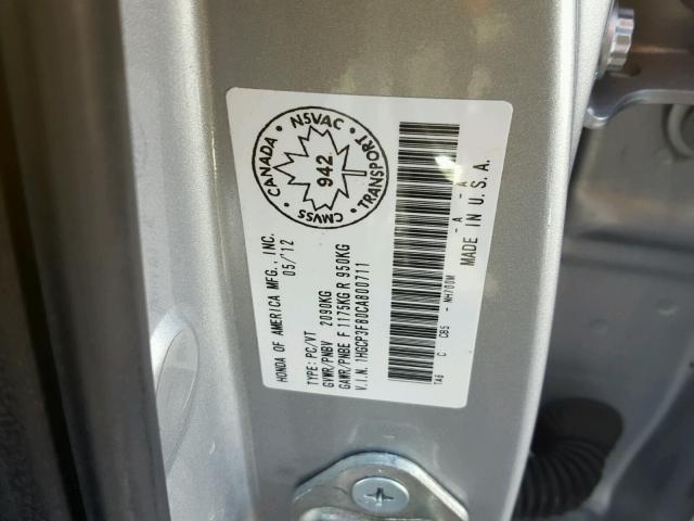 1HGCP3F80CA800711 - 2012 HONDA ACCORD EXL SILVER photo 10