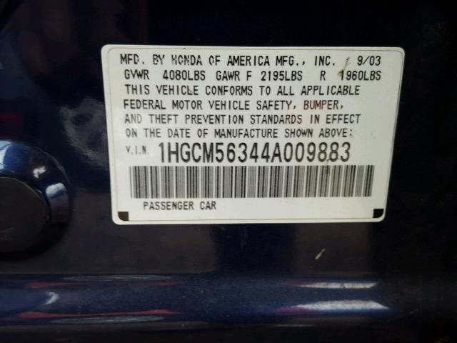 1HGCM56344A009883 - 2004 HONDA ACCORD LX BLUE photo 10