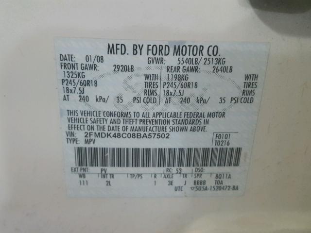 2FMDK48C08BA57502 - 2008 FORD EDGE SEL WHITE photo 10