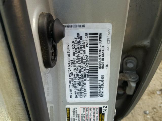 2T1BR32E14C259651 - 2004 TOYOTA COROLLA CE SILVER photo 10