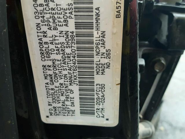 JTKKT624040073984 - 2004 TOYOTA SCION XA BLACK photo 10