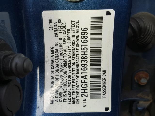 2HGFA16938H516896 - 2008 HONDA CIVIC EXL BLUE photo 10
