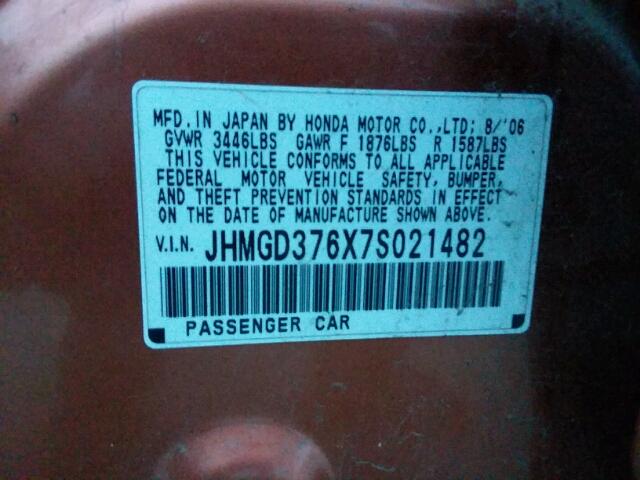 JHMGD376X7S021482 - 2007 HONDA FIT S ORANGE photo 10