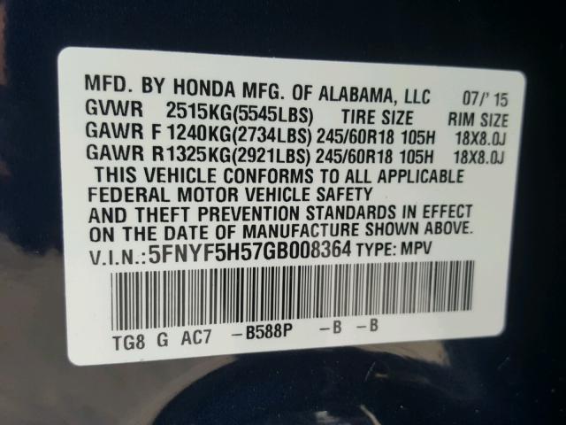 5FNYF5H57GB008364 - 2016 HONDA PILOT EXL BLUE photo 10