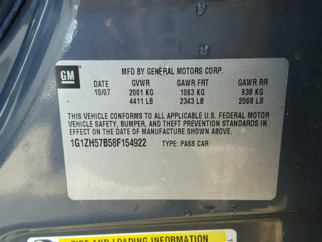 1G1ZH57B58F154922 - 2008 CHEVROLET MALIBU 1LT GRAY photo 10