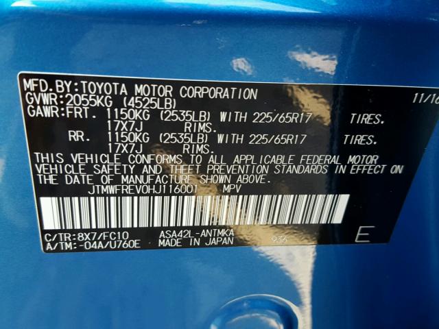 JTMWFREV0HJ116001 - 2017 TOYOTA RAV4 XLE BLUE photo 10