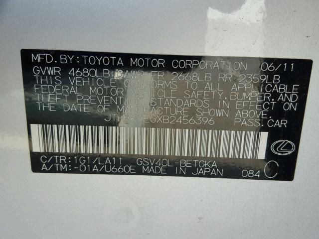 JTHBK1EGXB2456396 - 2011 LEXUS ES 350 SILVER photo 10