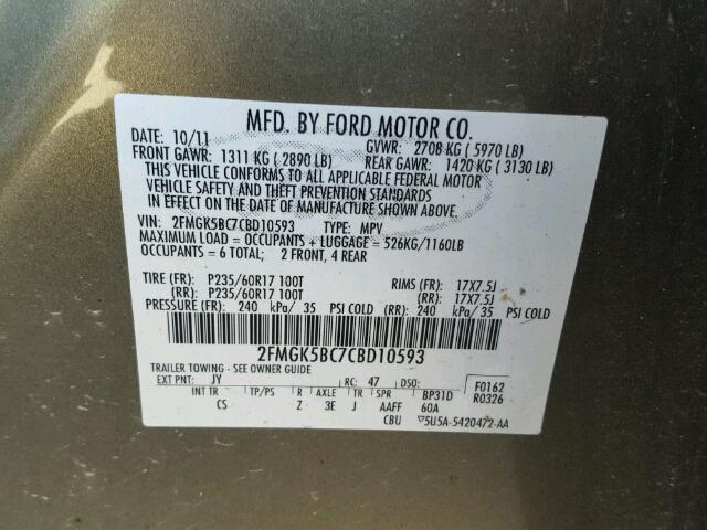 2FMGK5BC7CBD10593 - 2012 FORD FLEX SE GREEN photo 10