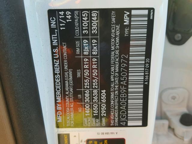 4JGDA0EB9FA507972 - 2015 MERCEDES-BENZ ML 250 BLU WHITE photo 10