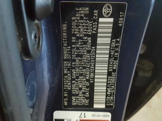 4T1BK1EB4EU123704 - 2014 TOYOTA AVALON BAS Bleu photo 10