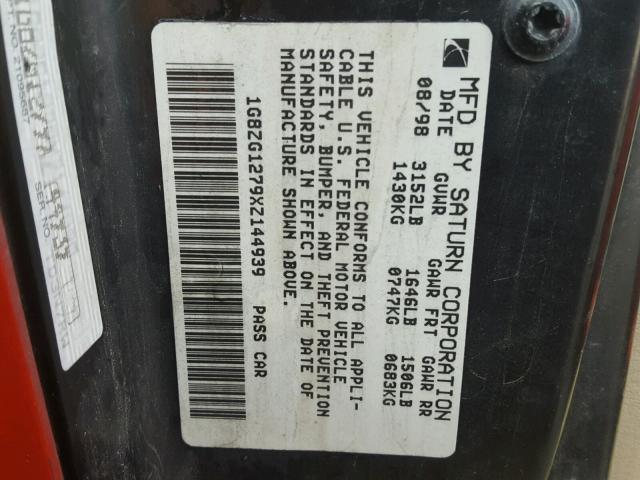 1G8ZG1279XZ144939 - 1999 SATURN SC2 RED photo 10
