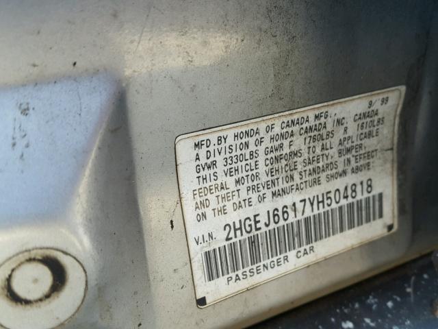 2HGEJ6617YH504818 - 2000 HONDA CIVIC BASE SILVER photo 10