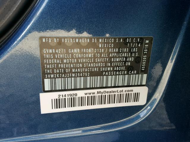 3VW2K7AJ2FM254752 - 2015 VOLKSWAGEN JETTA BASE ლურჯი ფოტო 10