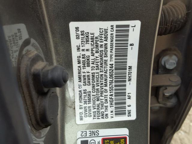 1HGFA15576L065244 - 2006 HONDA CIVIC LX GRAY photo 10