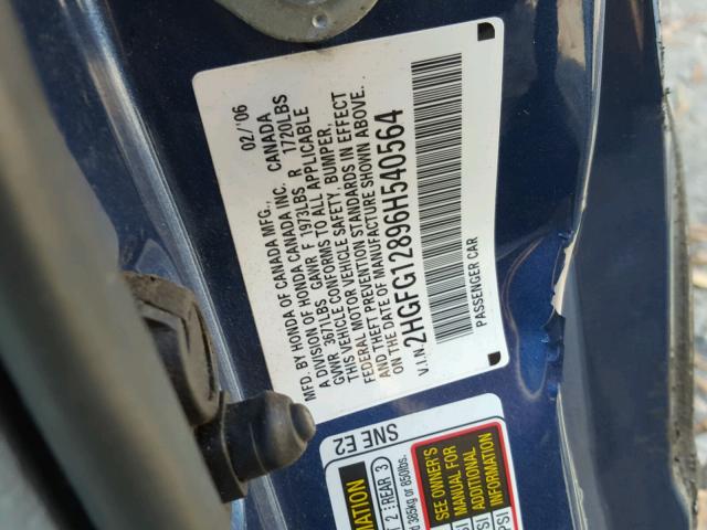 2HGFG12896H540564 - 2006 HONDA CIVIC EX BLUE photo 10