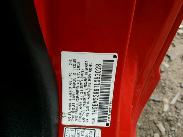 1HGEM22961L053028 - 2001 HONDA CIVIC SI RED photo 10