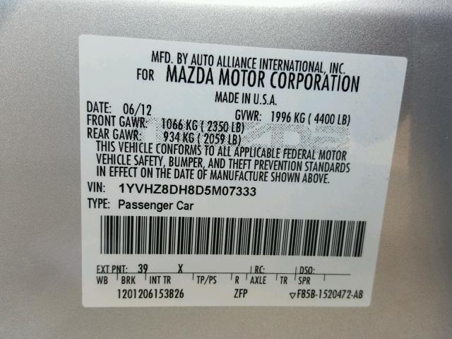 1YVHZ8DH8D5M07333 - 2013 MAZDA 6 TOURING SILVER photo 10