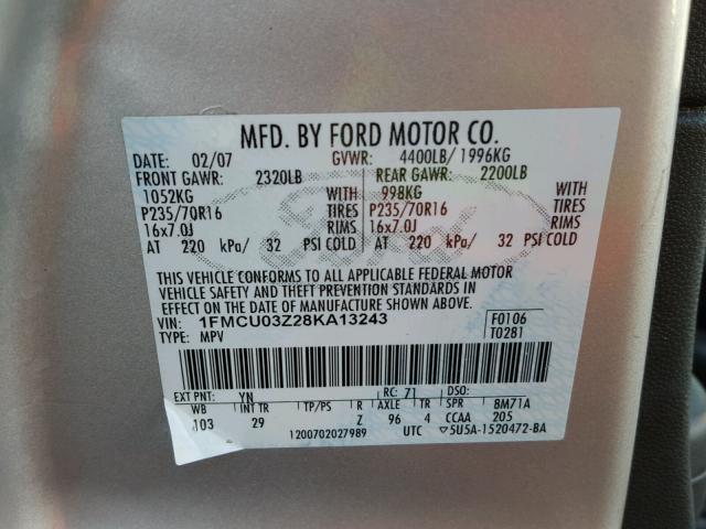 1FMCU03Z28KA13243 - 2008 FORD ESCAPE XLT SILVER photo 10