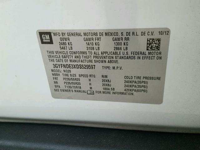 3GYFNDE3XDS529597 - 2013 CADILLAC SRX PERFOR WHITE photo 10