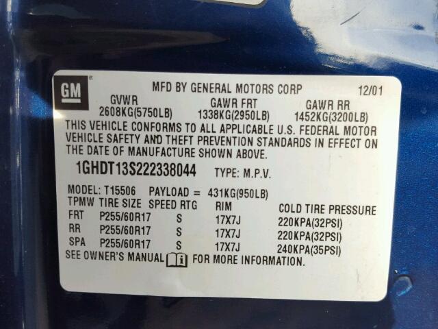 1GHDT13S222338044 - 2002 OLDSMOBILE BRAVADA BLUE photo 10