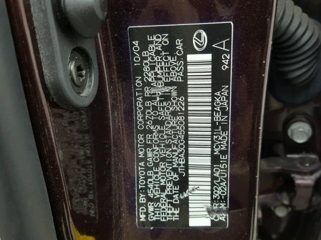 JTHBA30G455081226 - 2005 LEXUS ES 330 MAROON photo 10