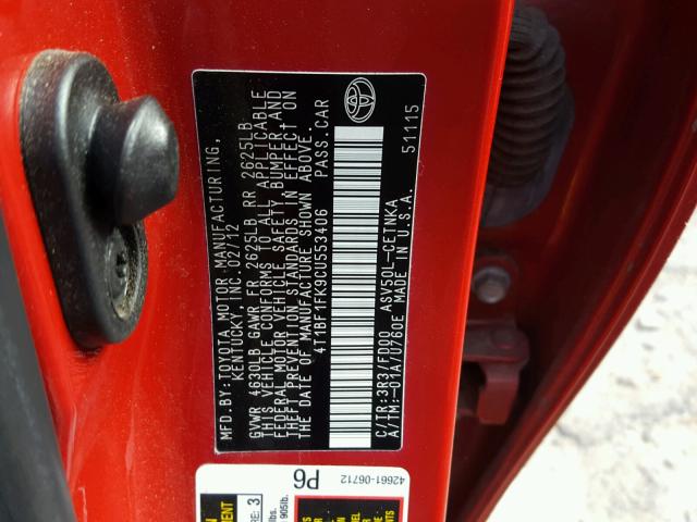 4T1BF1FK9CU553406 - 2012 TOYOTA CAMRY BASE RED photo 10