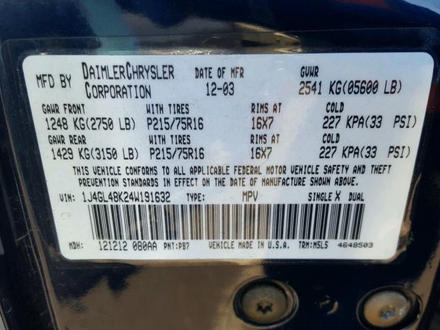 1J4GL48K24W191632 - 2004 JEEP LIBERTY SP BLUE photo 10