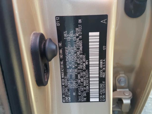 5TDBK3EH0CS165311 - 2012 TOYOTA HIGHLANDER GOLD photo 10