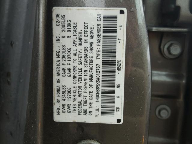 1HGCM665X6A042767 - 2006 HONDA ACCORD EX GRAY photo 10