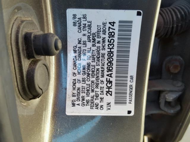 2HGFA16908H351874 - 2008 HONDA CIVIC EXL GRAY photo 10