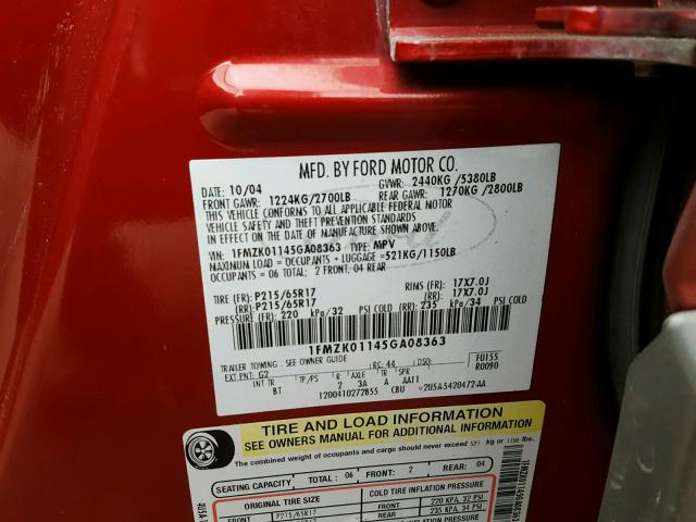 1FMZK01145GA08363 - 2005 FORD FREESTYLE RED photo 10